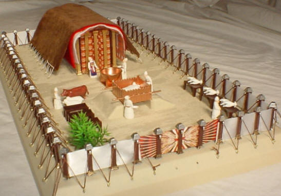 Photo showing the tabernacle kit courtyard with priests, sacrificial animals, laver and altar.