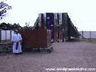 Color photo of recreation of tabernacle, front view of altar at entrance from 'Great Passion Play' copyright Elna M. Smith Foundation.